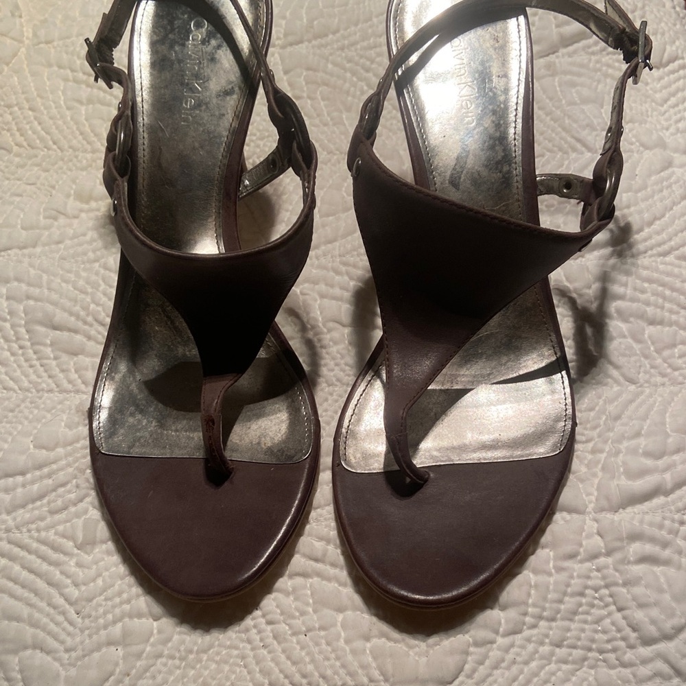 Calvin Klein Dark Brown Leather T-Strap Sandals